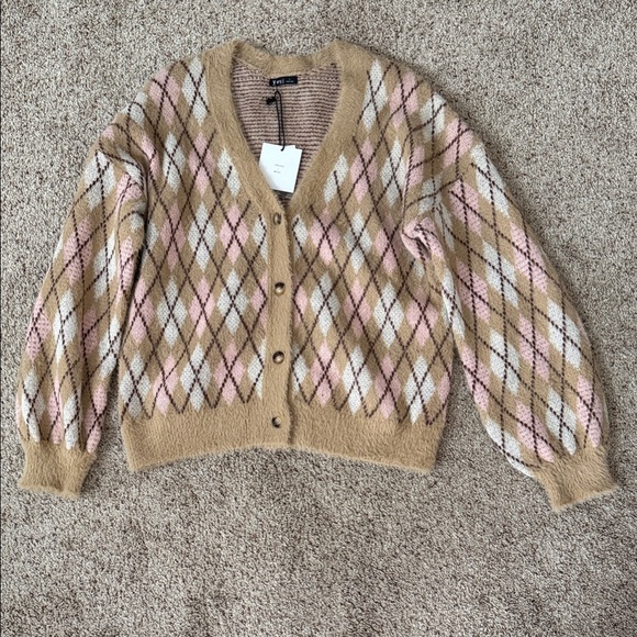 Very J Sweaters - Very J Tan and Pink Argyle Cardigan
